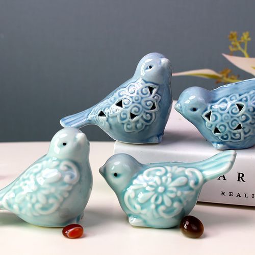 欧式微景观配件陶瓷摆件精品瓷器镂空情侣小鸟动物摆件厂价直销
